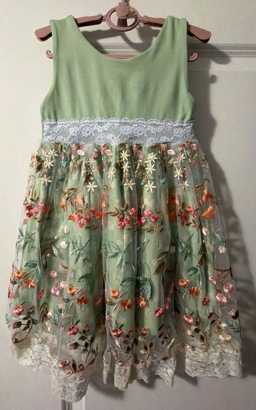 Girls Sage Green Embroidered Floral Tulle Maxi Dress with Lace Trim